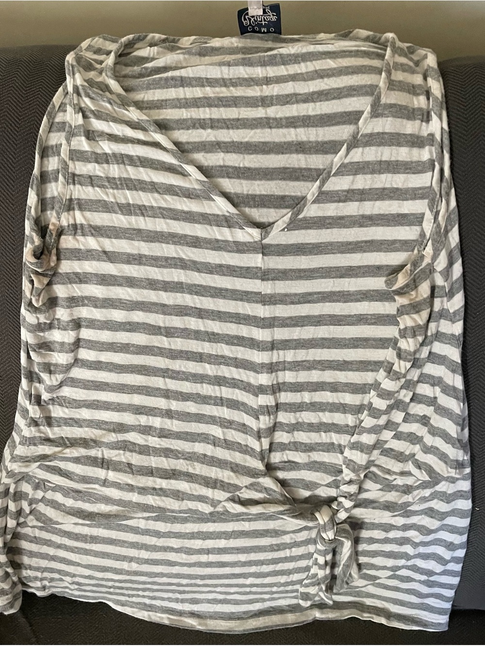 Como Vintage Gray & White Striped V-Neck Tie-Front Tunic